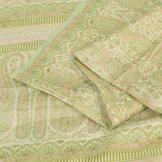 Sanskriti Vintage Sarees Olive Green Pure Silk Printed Sari 6+yd Craft Fabric