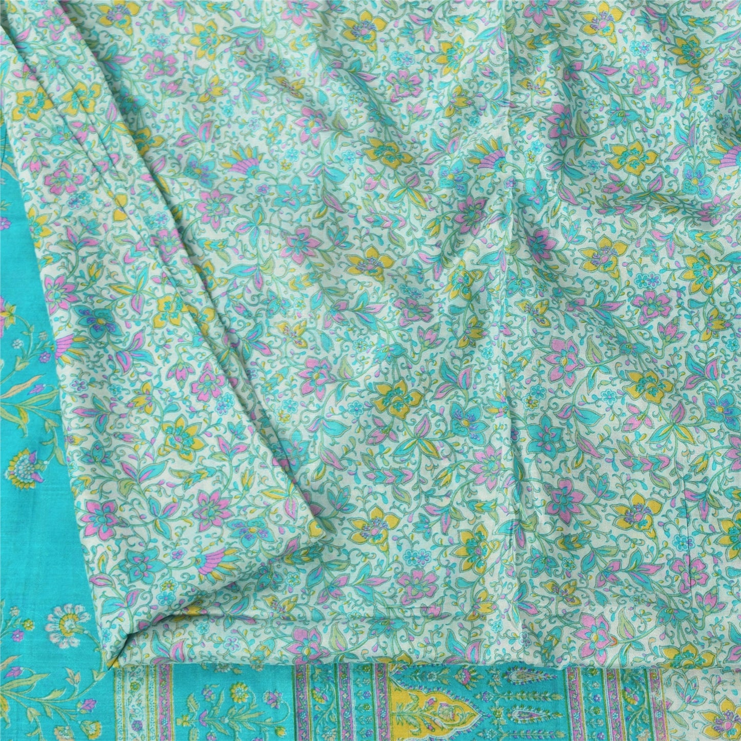 Sanskriti Vintage Sarees Ivory/Blue 100%Pure Silk Printed Sari 6+yd Craft Fabric