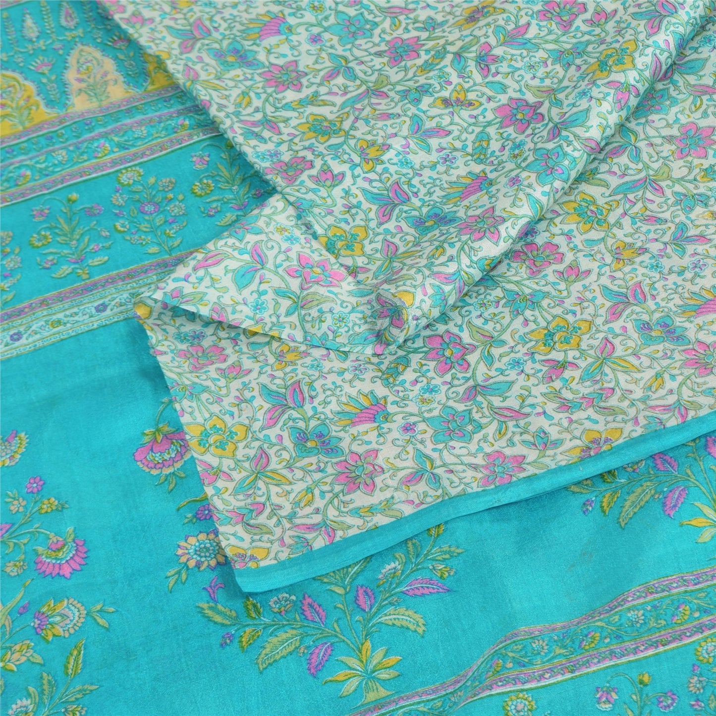 Sanskriti Vintage Sarees Ivory/Blue 100%Pure Silk Printed Sari 6+yd Craft Fabric