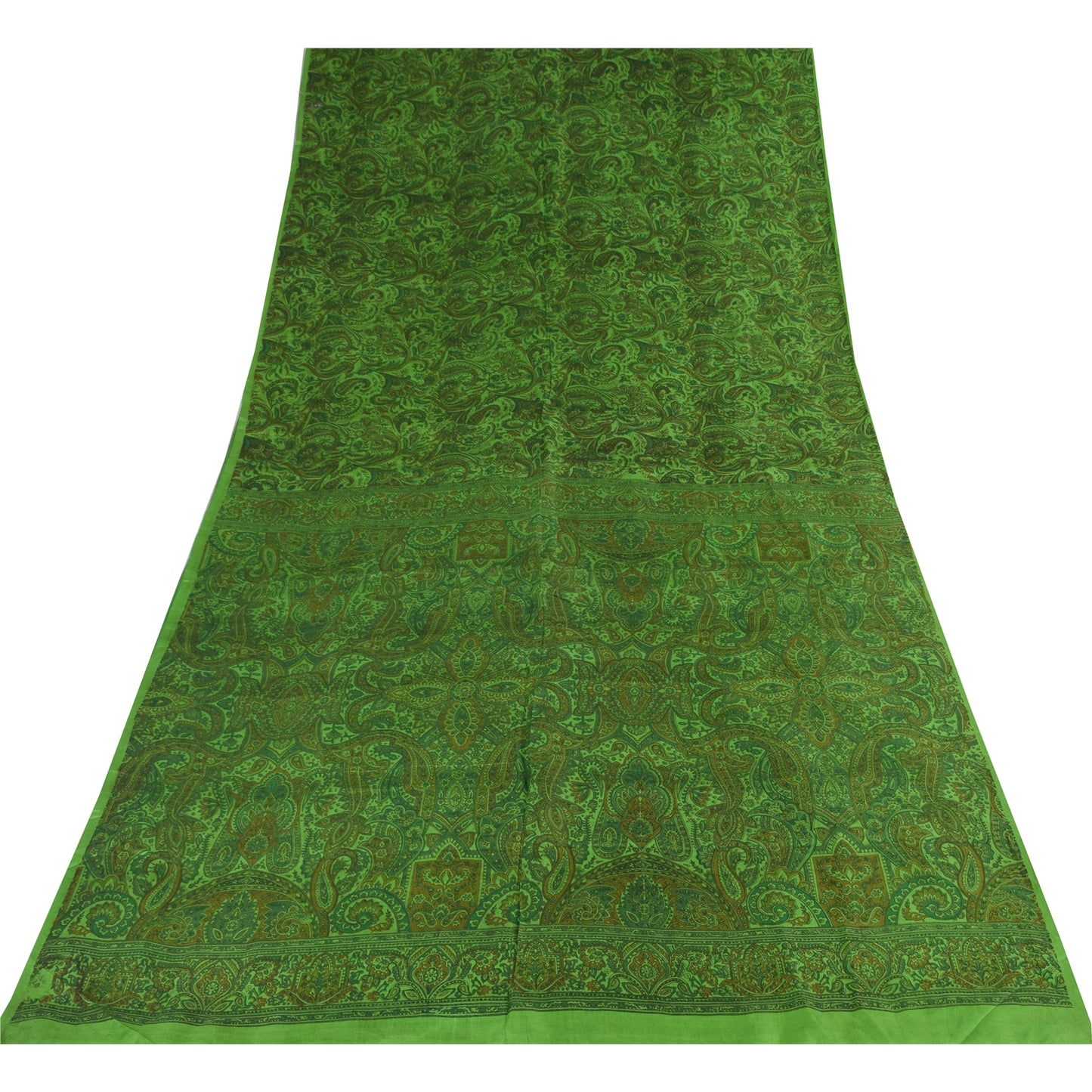 Sanskriti Vintage Sarees Green Indian Pure Silk Printed Sari 6+yd Craft Fabric