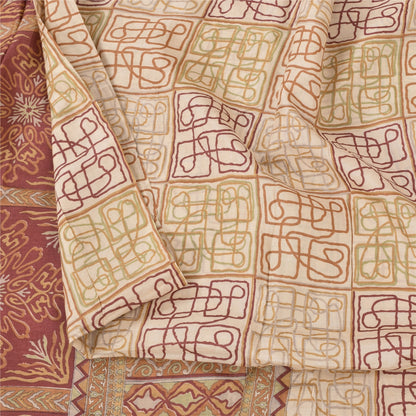 Sanskriti Vintage Sarees Cream Indian Pure Silk Printed Sari 5+yd Craft Fabric