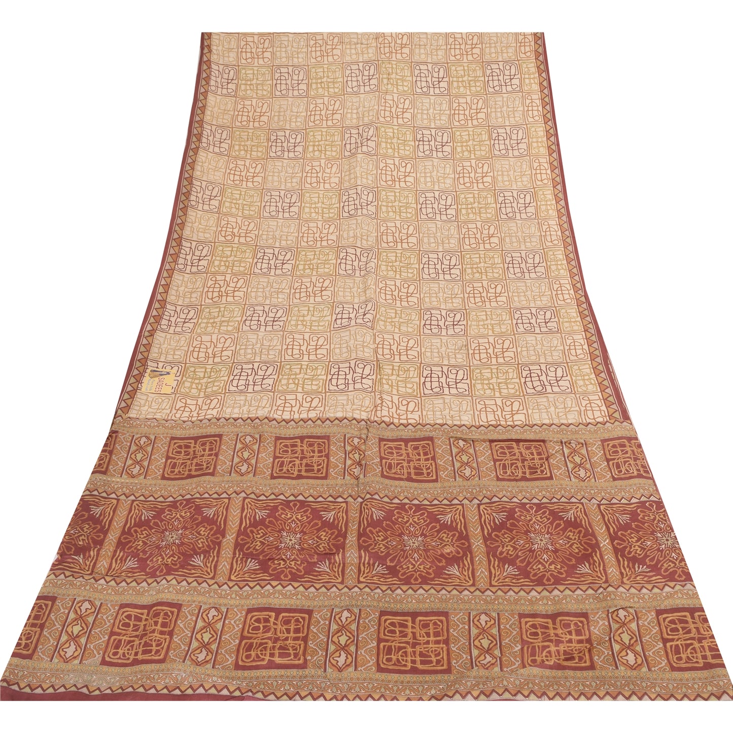 Sanskriti Vintage Sarees Cream Indian Pure Silk Printed Sari 5+yd Craft Fabric