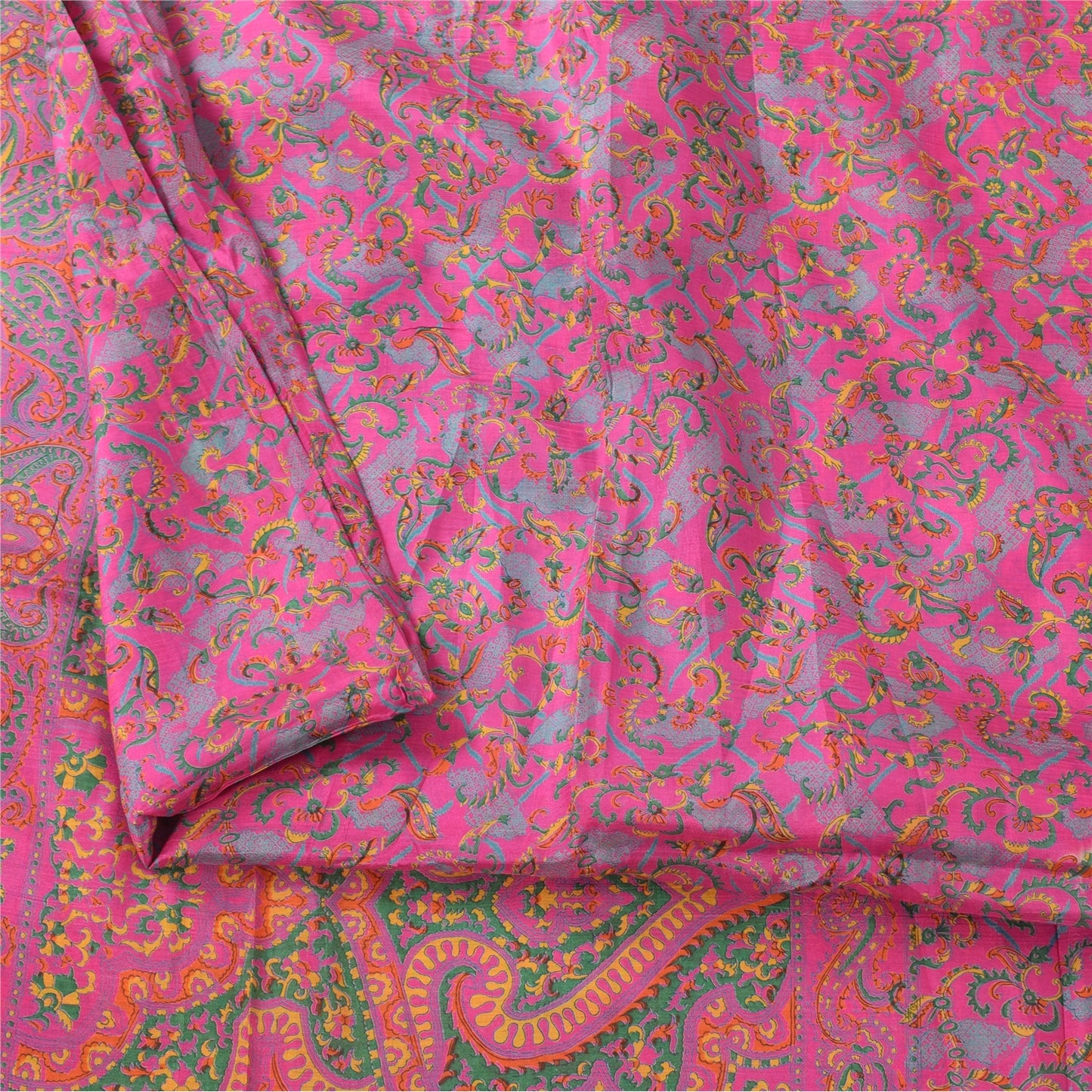 Sanskriti Vintage Sarees Dark Pink 100% Pure Silk Printed Sari 5+yd Craft Fabric