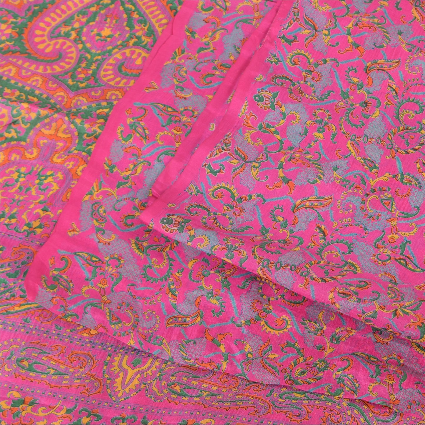 Sanskriti Vintage Sarees Dark Pink 100% Pure Silk Printed Sari 5+yd Craft Fabric