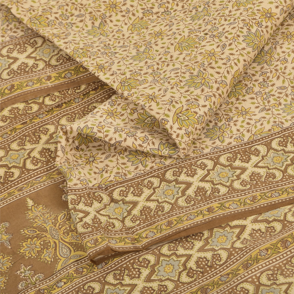 Sanskriti Vintage Sarees Ivory Indian Pure Silk Printed Sari 5+yd Craft Fabric