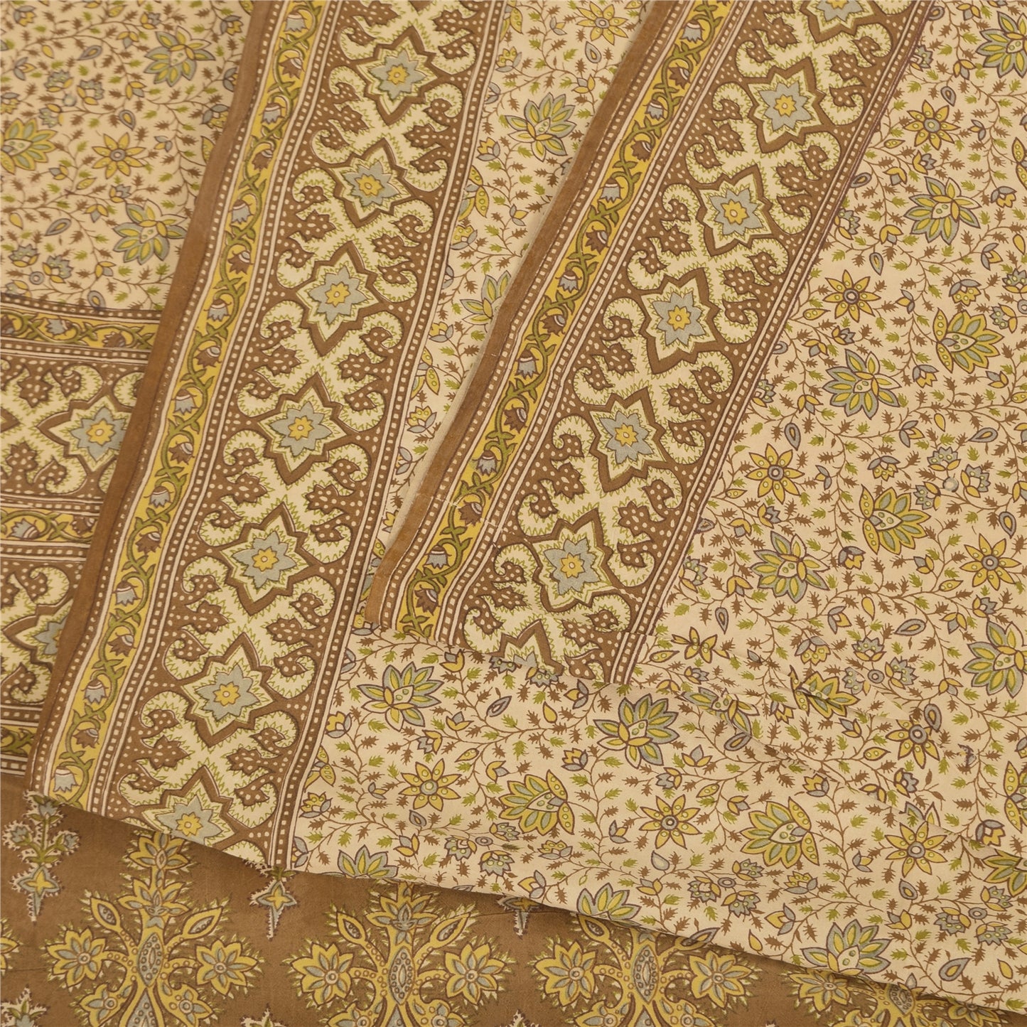 Sanskriti Vintage Sarees Ivory Indian Pure Silk Printed Sari 5+yd Craft Fabric