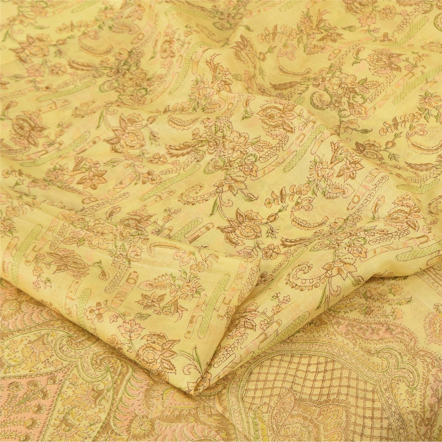 Sanskriti Vintage Sarees Yellow Pure Silk Zari WovenPrint Sari 6+yd Craft Fabric