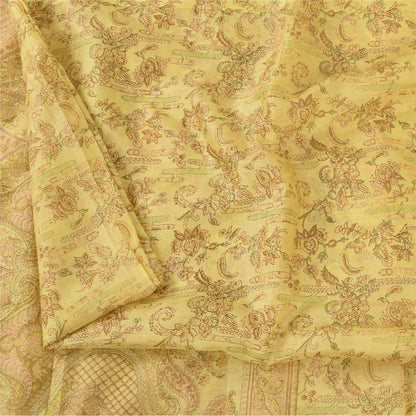 Sanskriti Vintage Sarees Yellow Pure Silk Zari WovenPrint Sari 6+yd Craft Fabric