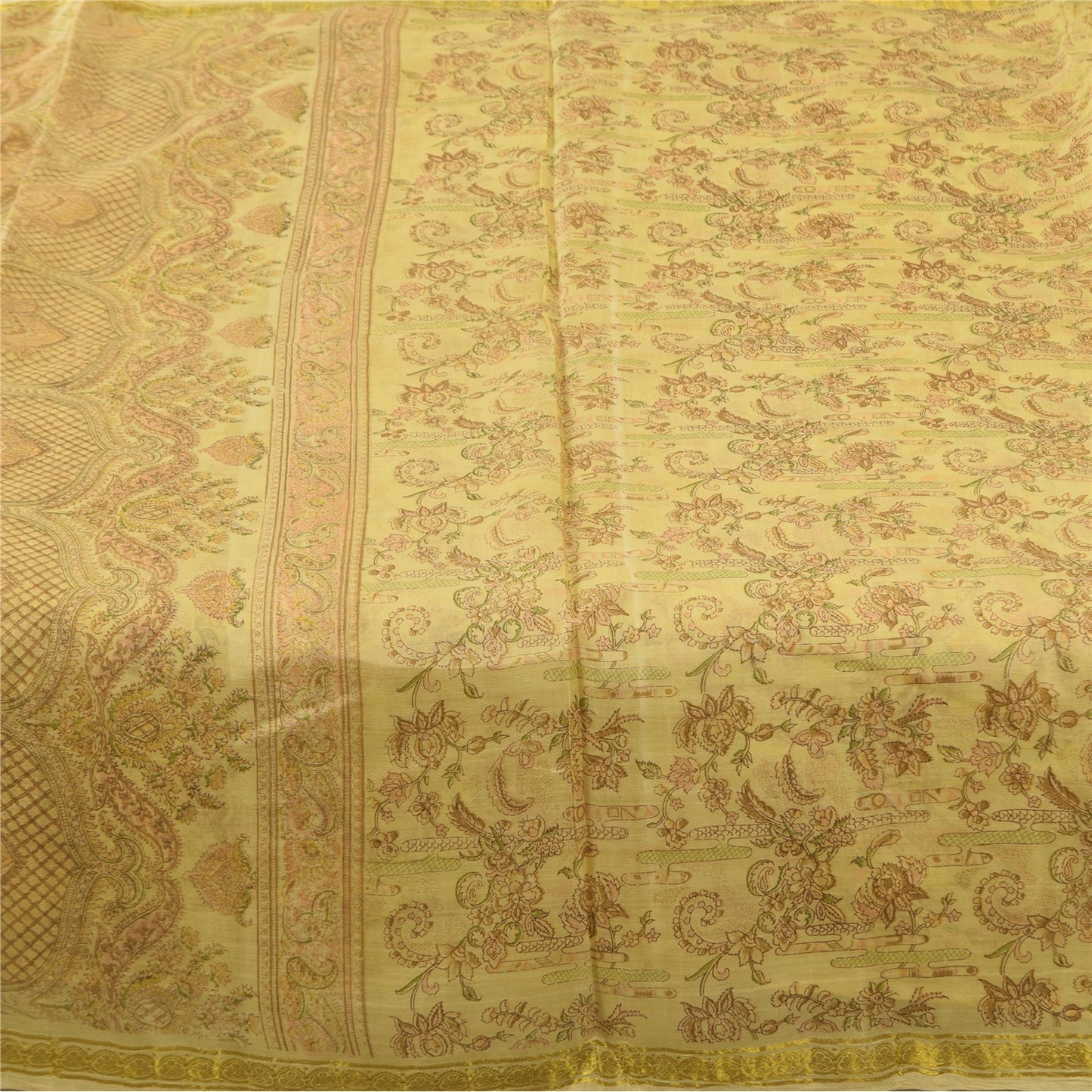 Sanskriti Vintage Sarees Yellow Pure Silk Zari WovenPrint Sari 6+yd Craft Fabric