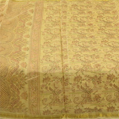 Sanskriti Vintage Sarees Yellow Pure Silk Zari WovenPrint Sari 6+yd Craft Fabric