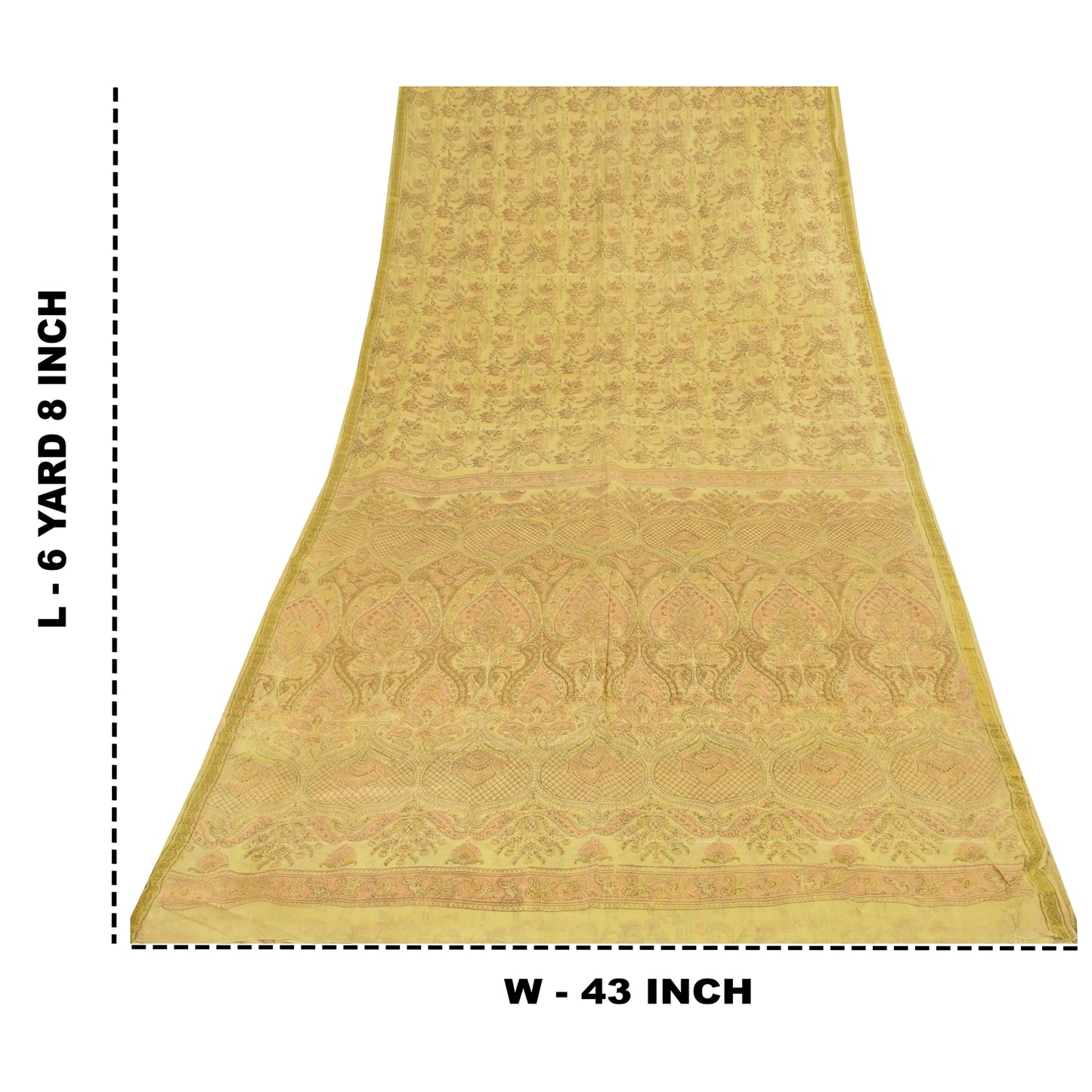 Sanskriti Vintage Sarees Yellow Pure Silk Zari WovenPrint Sari 6+yd Craft Fabric