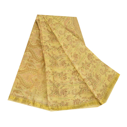 Sanskriti Vintage Sarees Yellow Pure Silk Zari WovenPrint Sari 6+yd Craft Fabric