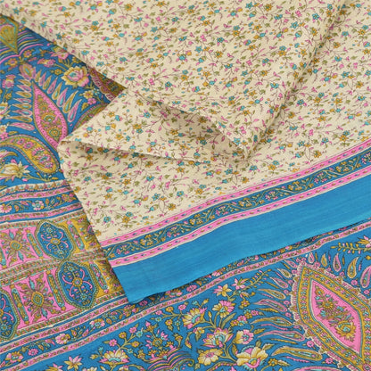 Sanskriti Vintage Sarees Cream/Blue Pure Silk Printed Sari 5+yd Craft Fabric