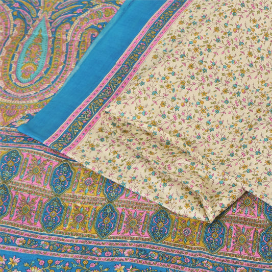 Sanskriti Vintage Sarees Cream/Blue Pure Silk Printed Sari 5+yd Craft Fabric