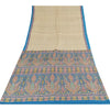 Sanskriti Vintage Sarees Cream/Blue Pure Silk Printed Sari 5+yd Craft Fabric