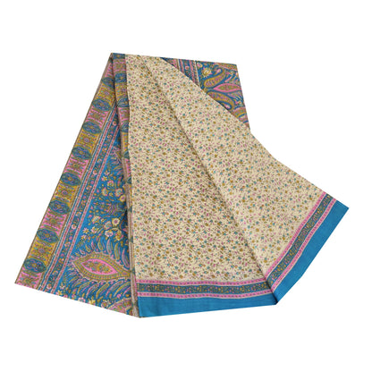 Sanskriti Vintage Sarees Cream/Blue Pure Silk Printed Sari 5+yd Craft Fabric