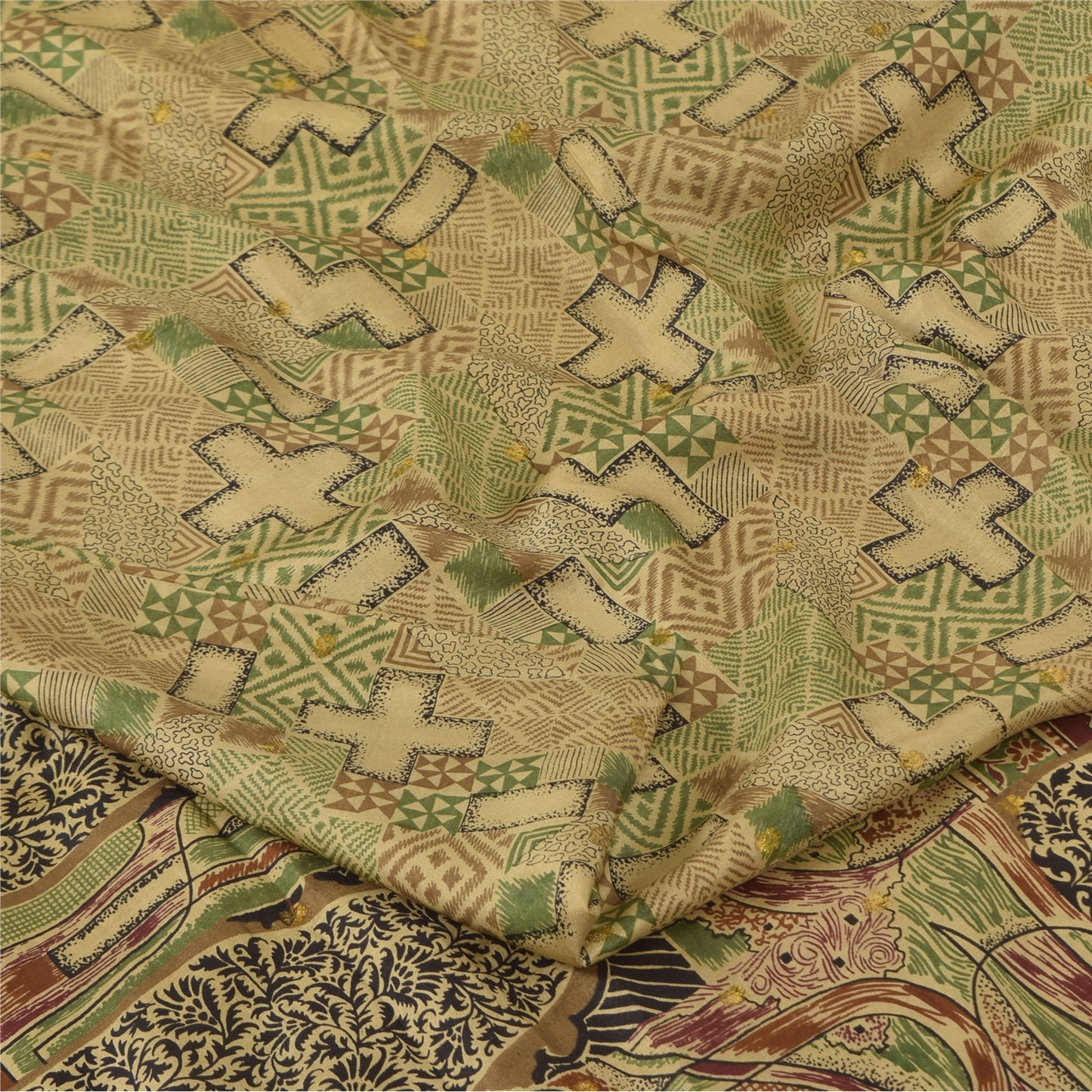 Sanskriti Vintage Sarees Zari Border Pure Silk Printed Sari 6+yd Craft Fabric