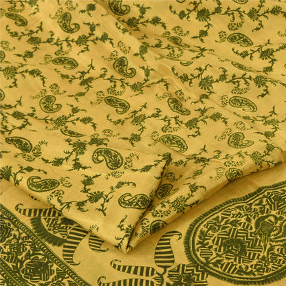 Sanskriti Vintage Sarees Yellow/Green Pure Silk Printed Sari 6+yd Craft Fabric