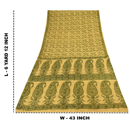 Sanskriti Vintage Sarees Yellow/Green Pure Silk Printed Sari 6+yd Craft Fabric