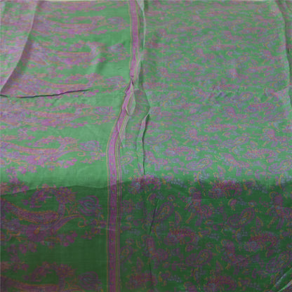 Sanskriti Vintage Sarees Green/Purple Pure Silk Printed Sari 5+yd Craft Fabric