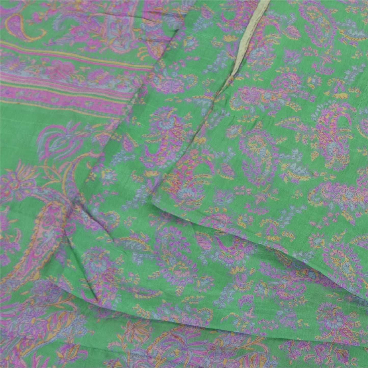 Sanskriti Vintage Sarees Green/Purple Pure Silk Printed Sari 5+yd Craft Fabric