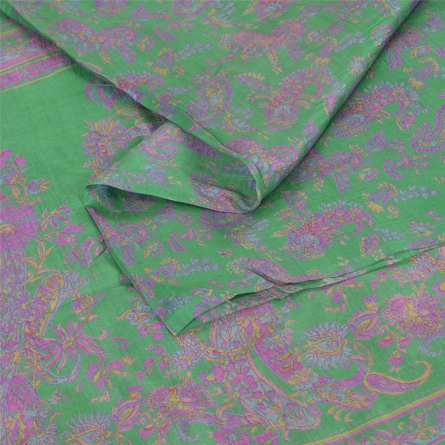 Sanskriti Vintage Sarees Green/Purple Pure Silk Printed Sari 5+yd Craft Fabric