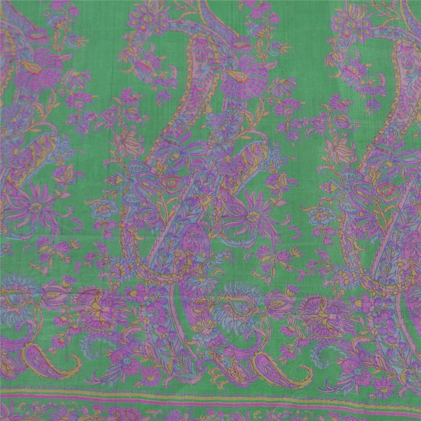 Sanskriti Vintage Sarees Green/Purple Pure Silk Printed Sari 5+yd Craft Fabric