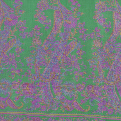 Sanskriti Vintage Sarees Green/Purple Pure Silk Printed Sari 5+yd Craft Fabric