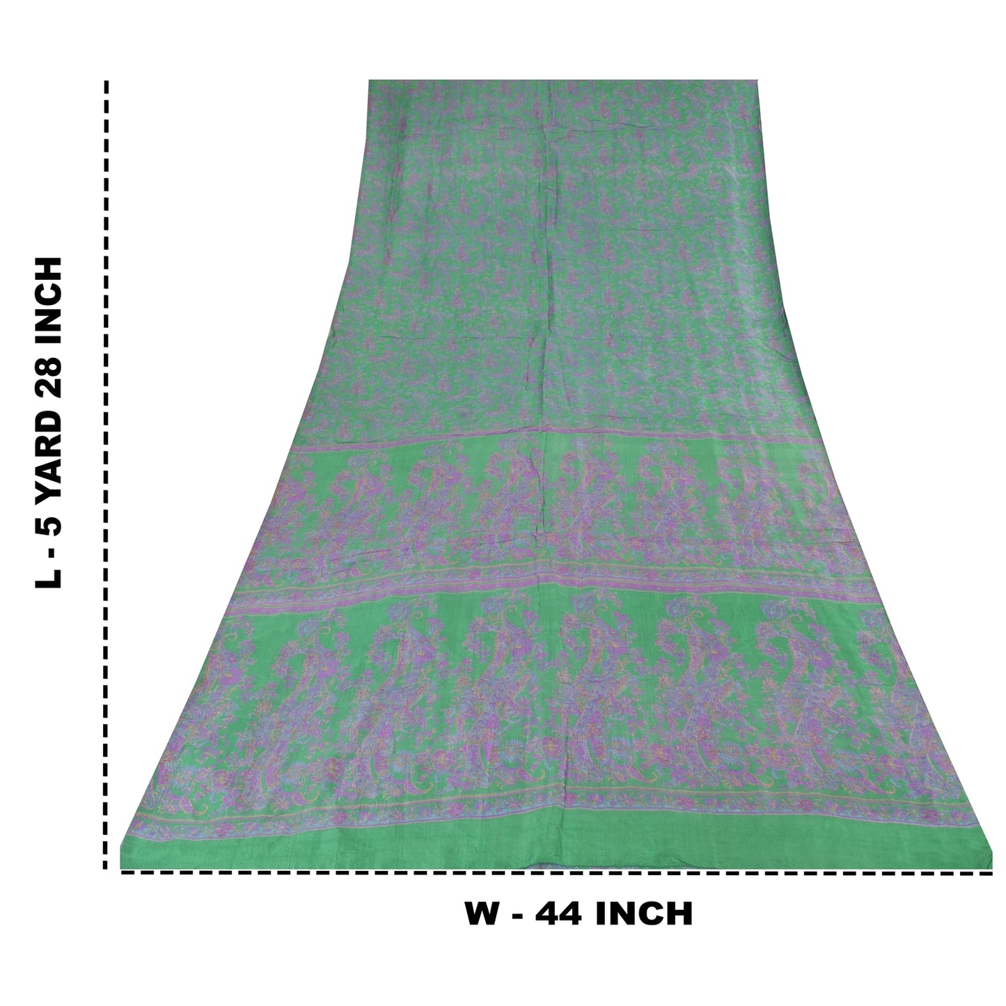 Sanskriti Vintage Sarees Green/Purple Pure Silk Printed Sari 5+yd Craft Fabric