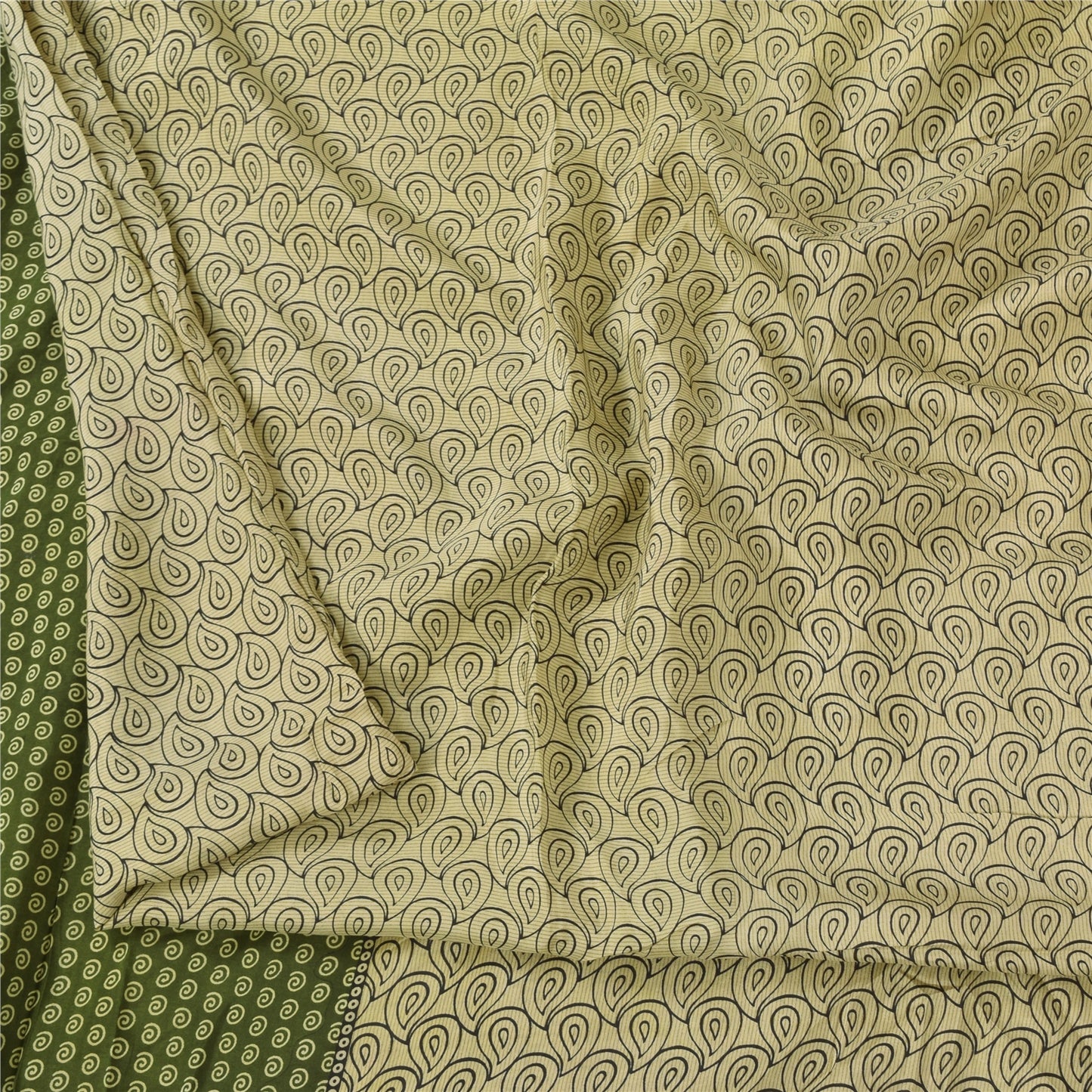 Sanskriti Vintage Sarees Cream/Green Pure Silk Printed Sari 5+yd Craft Fabric