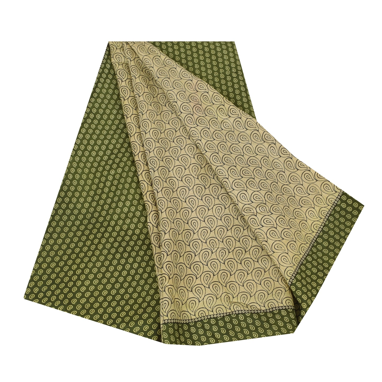 Sanskriti Vintage Sarees Cream/Green Pure Silk Printed Sari 5+yd Craft Fabric