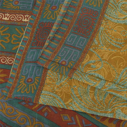 Sanskriti Vintage Sarees Saffron/Blue Pure Silk Printed Sari 6+yd Craft Fabric