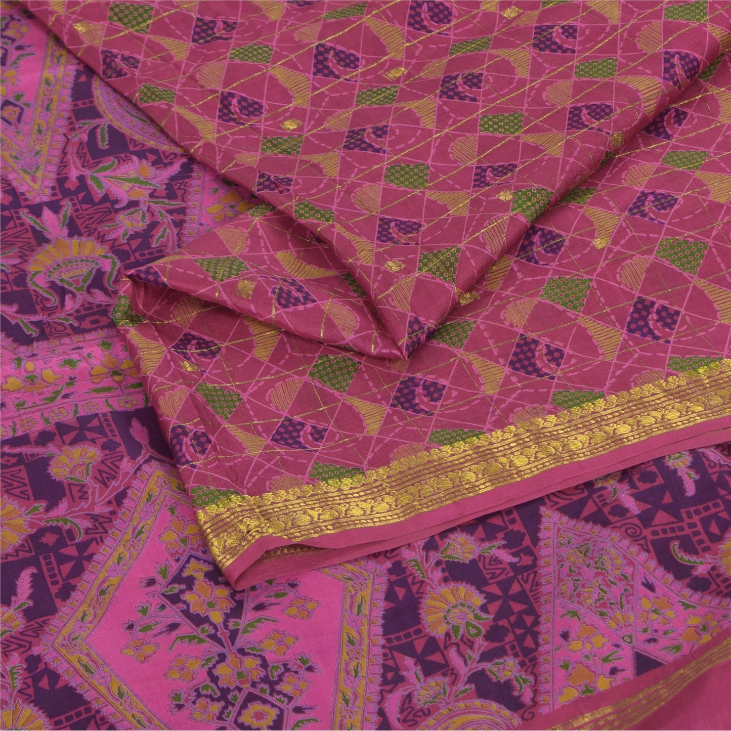 Sanskriti Vintage Sarees Pink 100%Pure Silk Printed Woven Sari 6+yd Craft Fabric