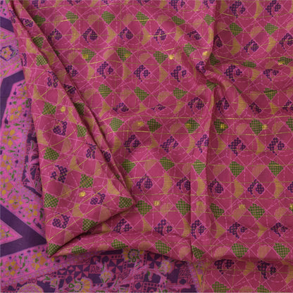 Sanskriti Vintage Sarees Pink 100%Pure Silk Printed Woven Sari 6+yd Craft Fabric