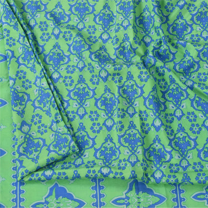 Sanskriti Vintage Sarees Green/Blue Pure Silk Printed Sari 5+yd Craft Fabric