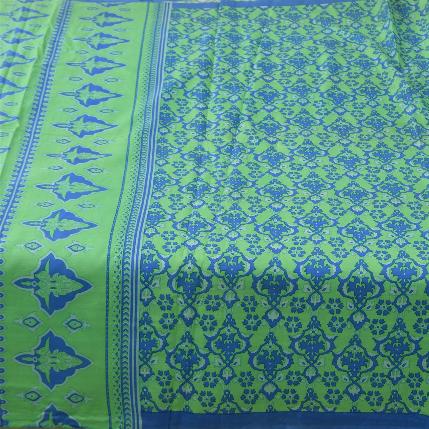 Sanskriti Vintage Sarees Green/Blue Pure Silk Printed Sari 5+yd Craft Fabric