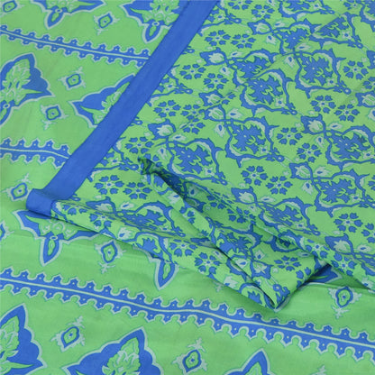 Sanskriti Vintage Sarees Green/Blue Pure Silk Printed Sari 5+yd Craft Fabric