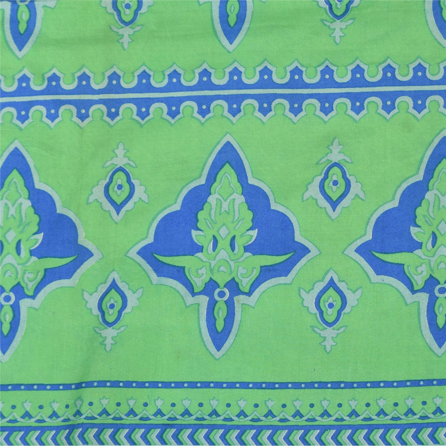 Sanskriti Vintage Sarees Green/Blue Pure Silk Printed Sari 5+yd Craft Fabric