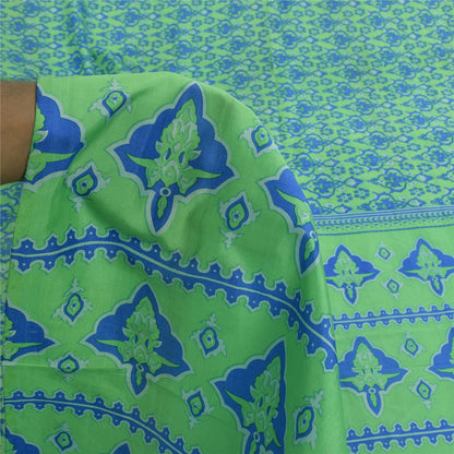 Sanskriti Vintage Sarees Green/Blue Pure Silk Printed Sari 5+yd Craft Fabric