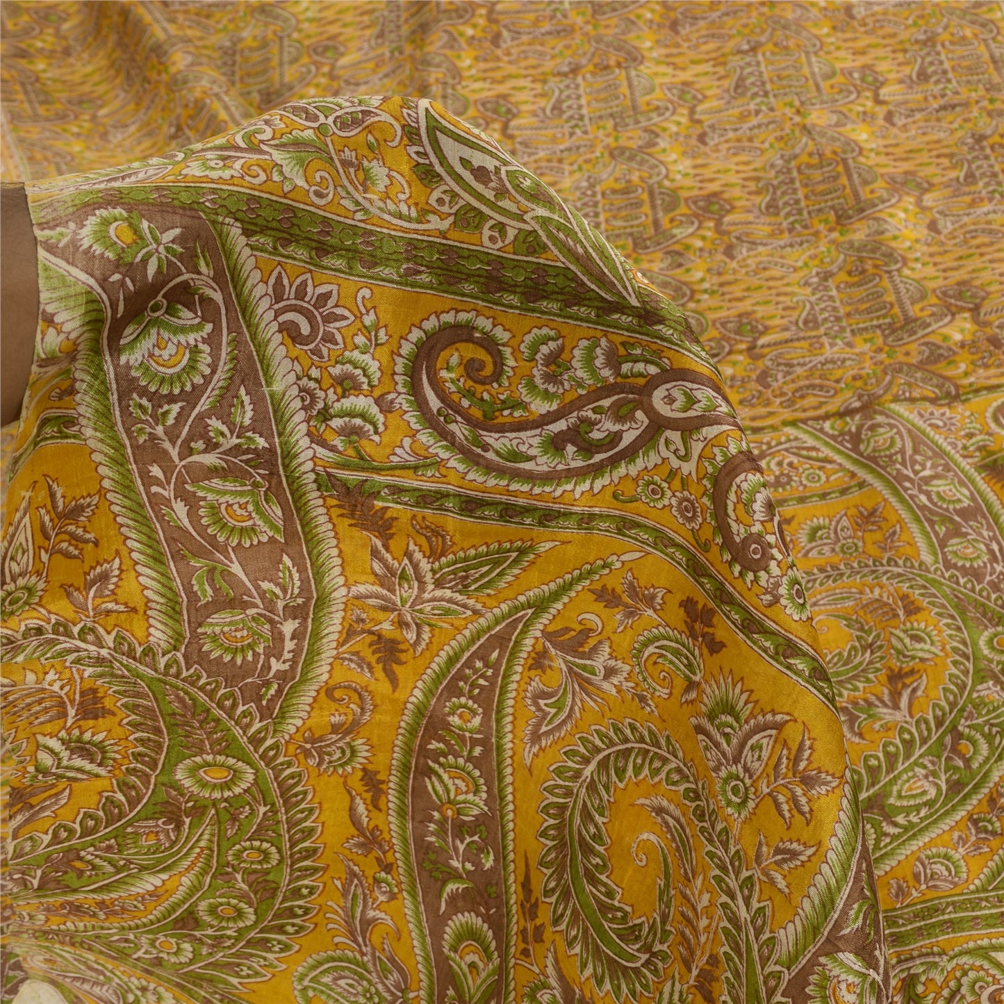 Sanskriti Vintage Sarees Yellow 100% Pure Silk Printed Sari 5+yd Craft Fabric