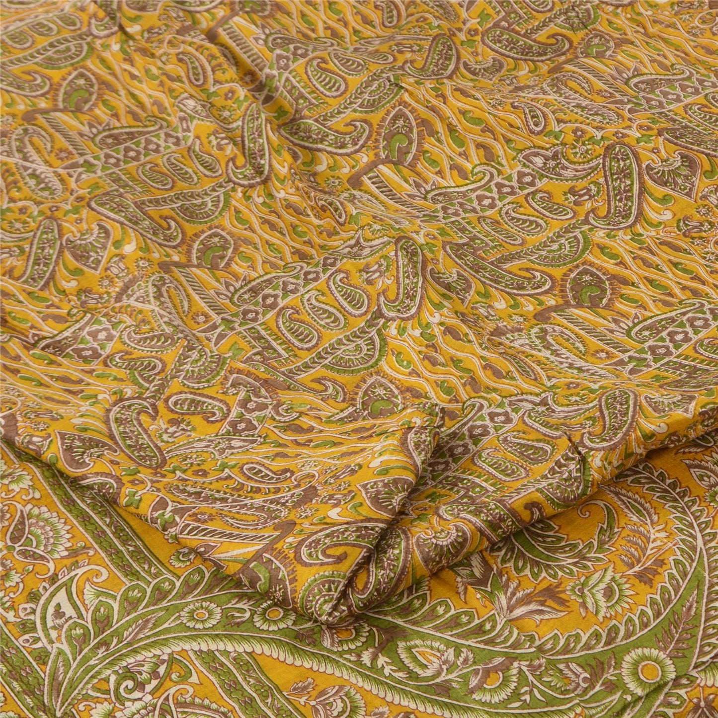 Sanskriti Vintage Sarees Yellow 100% Pure Silk Printed Sari 5+yd Craft Fabric