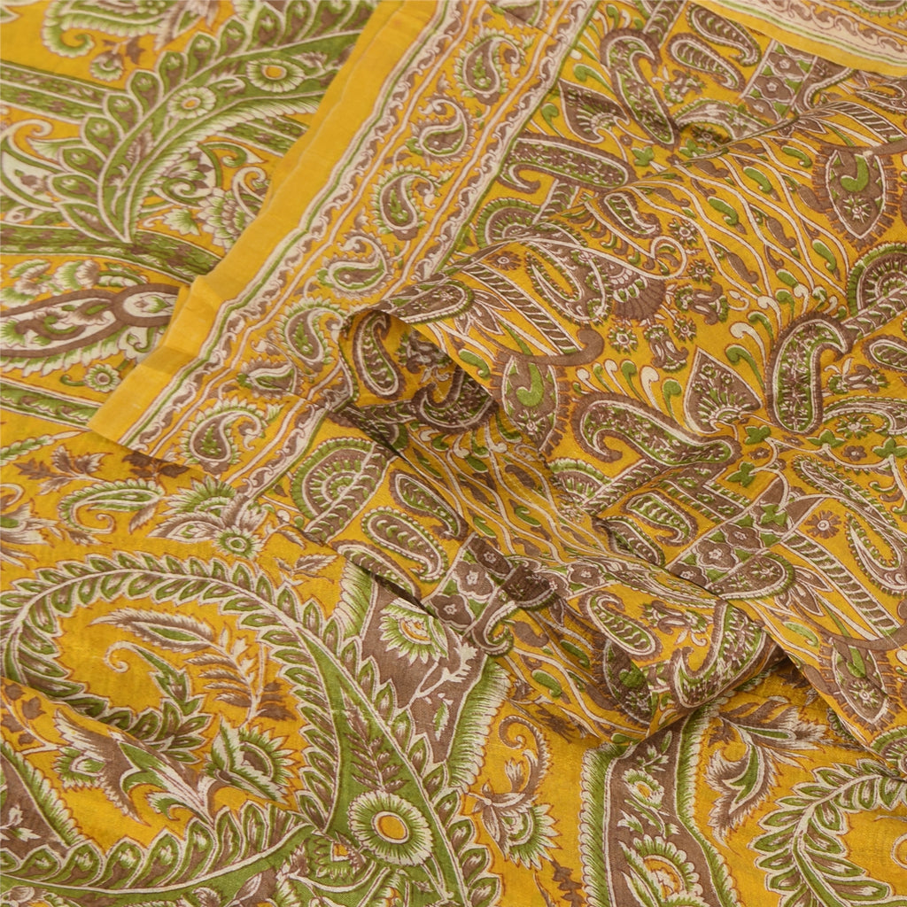 Sanskriti Vintage Sarees Yellow 100% Pure Silk Printed Sari 5+yd Craft Fabric