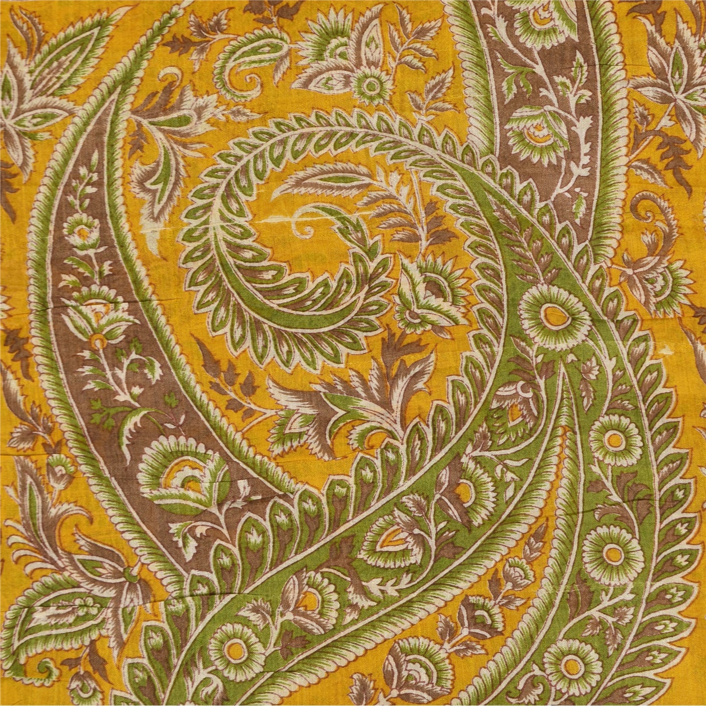 Sanskriti Vintage Sarees Yellow 100% Pure Silk Printed Sari 5+yd Craft Fabric