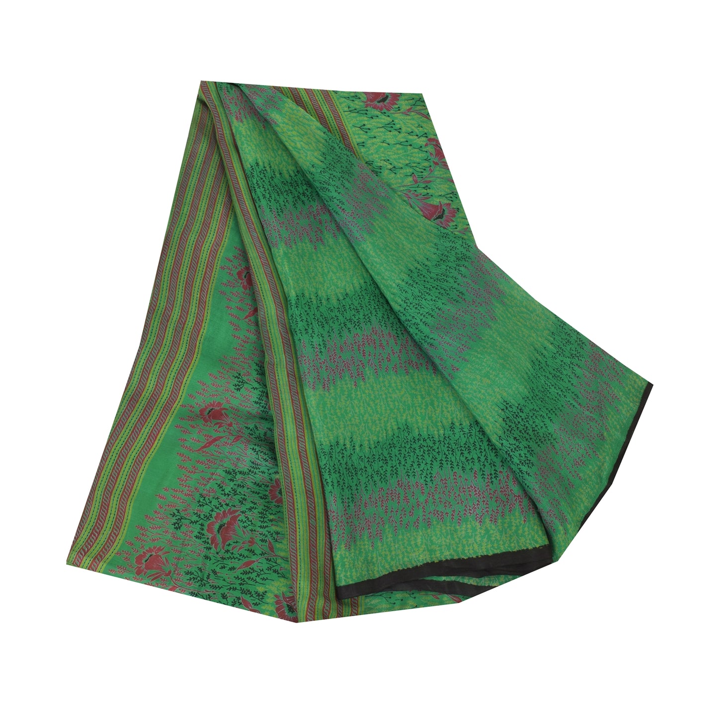 Sanskriti Vintage Sarees Indian Green Pure Silk Printed Sari 6+yd Craft Fabric