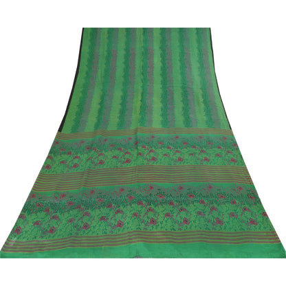 Sanskriti Vintage Sarees Indian Green Pure Silk Printed Sari 6+yd Craft Fabric