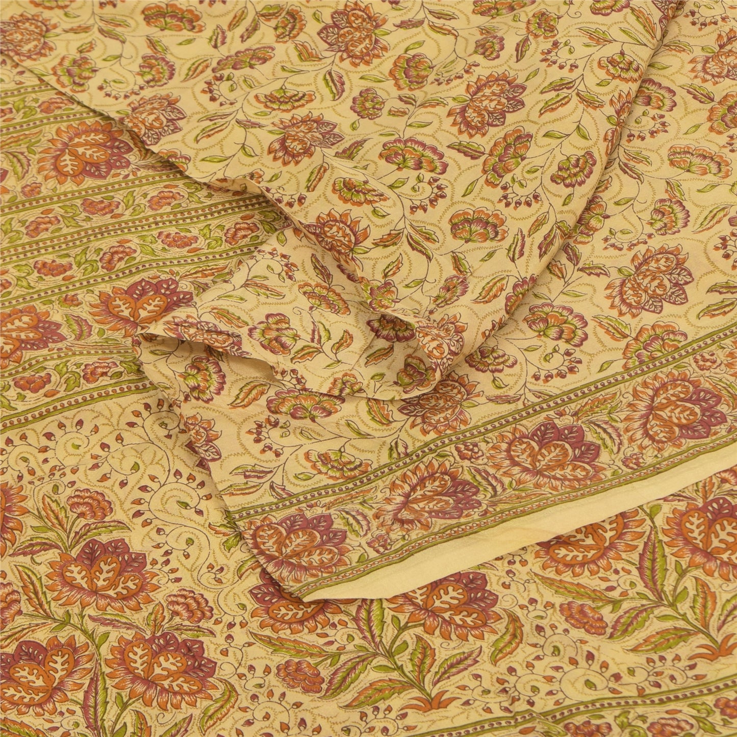 Sanskriti Vintage Sarees Beige Indian Pure Silk Printed Sari 6+yd Craft Fabric