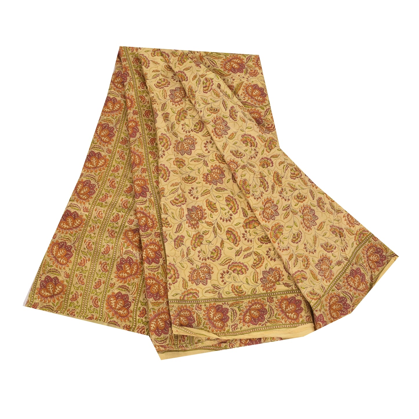 Sanskriti Vintage Sarees Beige Indian Pure Silk Printed Sari 6+yd Craft Fabric