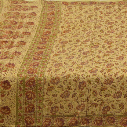 Sanskriti Vintage Sarees Beige Indian Pure Silk Printed Sari 6+yd Craft Fabric