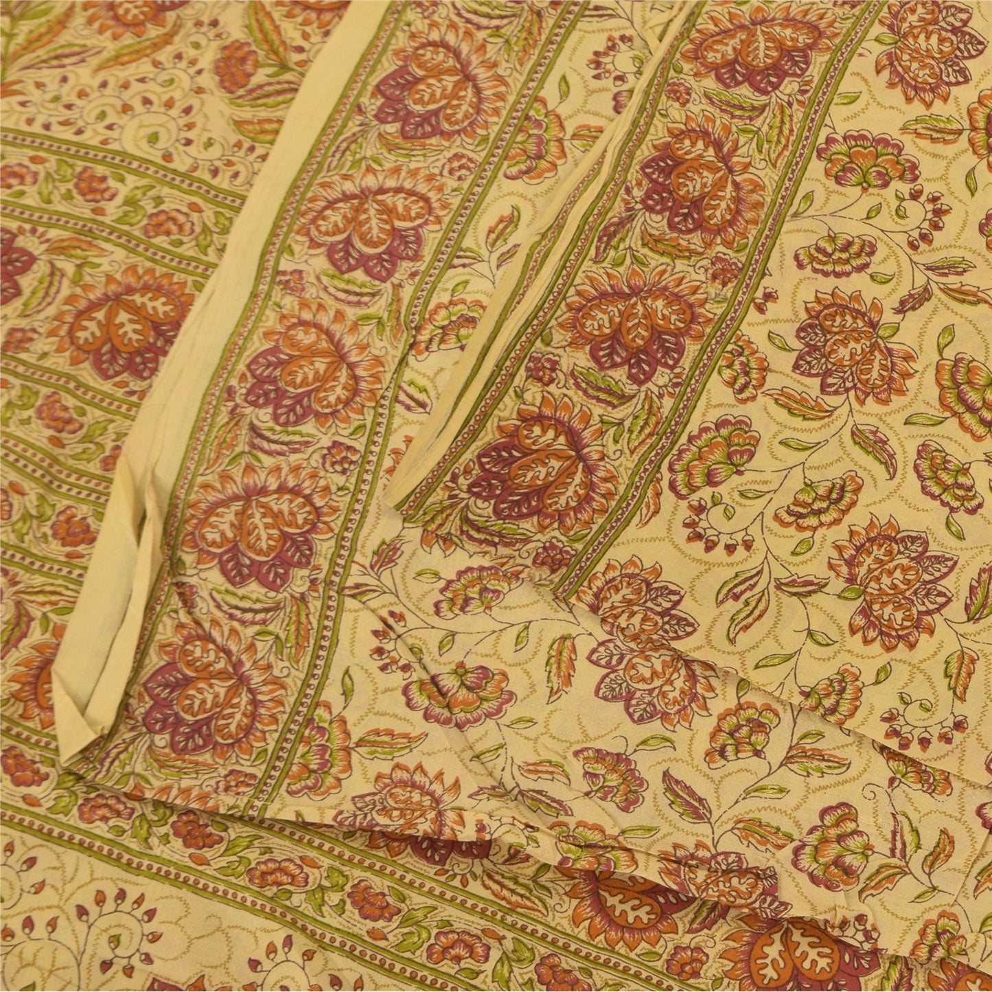 Sanskriti Vintage Sarees Beige Indian Pure Silk Printed Sari 6+yd Craft Fabric