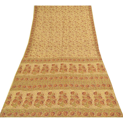 Sanskriti Vintage Sarees Beige Indian Pure Silk Printed Sari 6+yd Craft Fabric